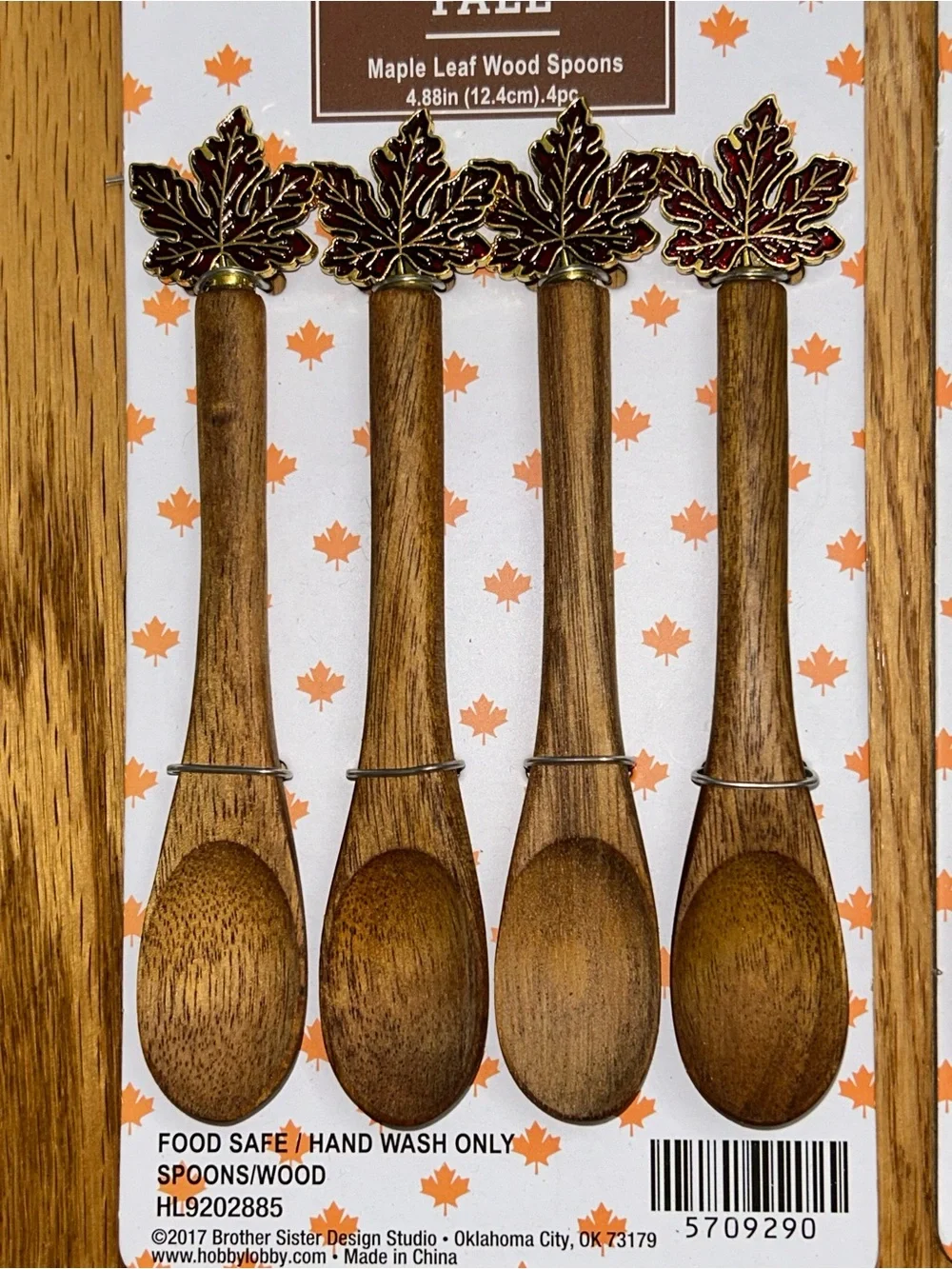 Fall Enamel-Topped Wooden Spoons - Pumpkin & Maple Leaf Designs, Brown